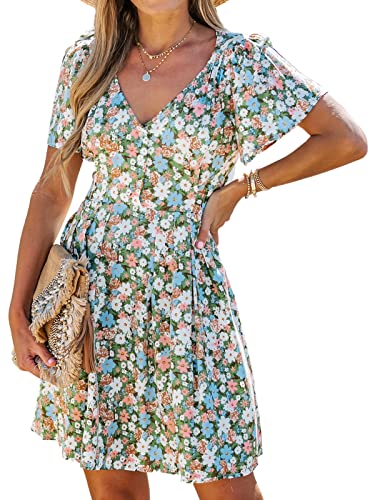 CUPSHE Damen Kleid Sommerkleid V Ausschnitt Kurzarm Blümchenmuster Knöpfen Freizeitkleider Beach Mini Dress Grün M
