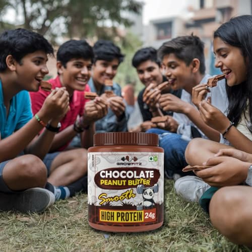 Image of Growfitz Peanut Butter Chocolate Smooth 800g | 24g High Protein Peanut Butter | 7g Fiber | Tasty & Healthy Nut Butter Spread for Breakfast & Snacks | Roasted Peanuts | Zero Sugar (Pack of 1)