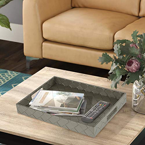 Faux Leather Rectangular Elegant Food Serving Tray with Handles for Ottoman Restaurant Home, Silver Grey, 16.2 x 12.2 x 2 inches