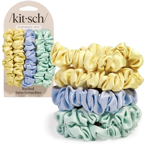 Image of Kitsch Rosette Ruched Satin Scrunchies for Women - Softer Than Silk Scrunchies | Hair Ties No Damage for Frizz-Free Sleep | Perfect for Day or Night, 5pcs