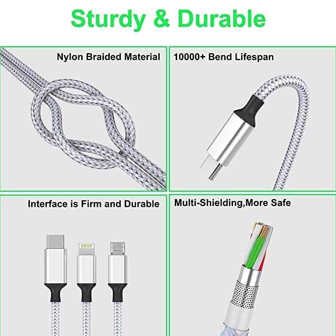 Image of Unbreakable 3 in 1 USB Fast Charging USB Cable with Type C,Micro USB Port with 2.1 A, Compatible with iPhone, iPad, Samsung, OnePlus, Oppo, Vivo, Xiaomi, 1.25M (Trio-11, Black)