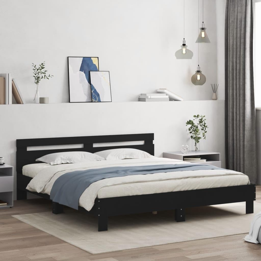 vidaXL Bed Frame with Headboard and LED, Bed Base for Bedroom, Mattress Foundation for Double, Bedstead, Black 180x200 cm Super King Size — image 1
