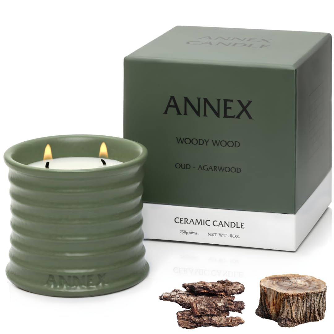 Annex Handgefertigte Keramikkerzen | Woody Wood - Oud & Agarwood Scented Sojawachs, ungiftig - 2 Baumwolldocht | Großes grünes Glas | Wiederverwendbar - Natürliche Aromatherapie Luxus Kerze für Frauen