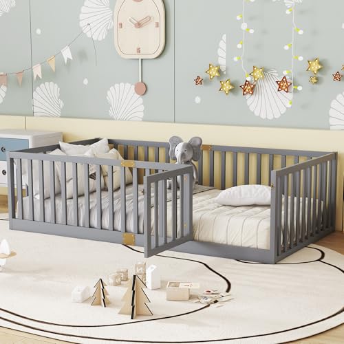 Image of Bellemave Twin Size Kids Montessori Floor Bed Frame with Door and Slats,Solid Wood Floor Bed Frame with Slats and High Fence for Kids,Girls,Boys,Gray