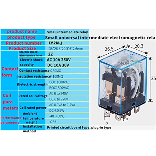 Relé electromagnético LY2NJ AC10A 250V de 8 pines con bobina DC12V 6