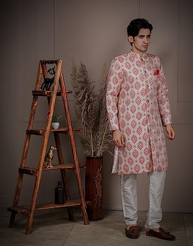Image of Amzira Men's Soft Cotton Indo Western Kurta Pyjama Set with Mandarin Collared Neck Long Sleeves Button Closure and Solid Pant