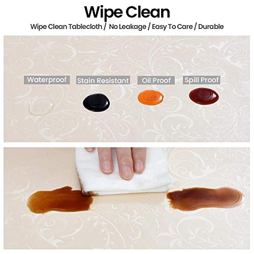 Image of Romanstile Waterproof Vinyl Tablecloth Round, 60 x 60 Inch, Flower Beige | Flannel Backing Wipeable Table Cloth, Heavy Duty Plastic PU Table Cover for Kitchen Dining, Indoor & Outdoor Use