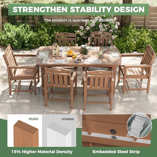 Image of HDPE Outdoor Dining Set, Patio Table and Chairs Set, All-Weather 7-Piece Outside Table and 6 Chairs, 2 inch Umbrella Hole, Outdoor Furniture for Garden, Poolside, Backyard, Deck | Teak