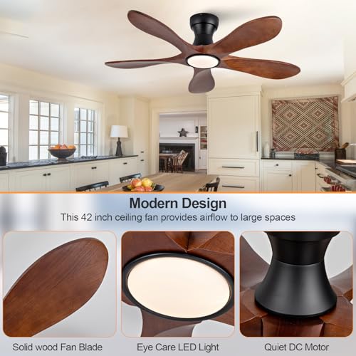 Image of 42 Inch Flush Mount Ceiling Fans with Lights and Remote, Dimmable 5 Blade Wood Outdoor Ceiling Fan Outdoor Fans for Patios Low Profile Modern Ceiling Fan with Light for Bedroom Living Room