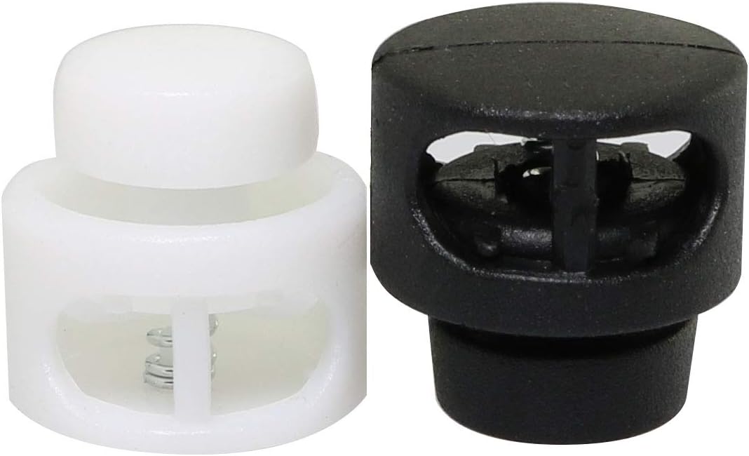 JCBIZ 60pcs Black and White Plastic Spring Cord Locks Round Button Ends Stop Slide Spring Double Hole Cord Fastener Lock for Backpacks, Clothes and Suitcases