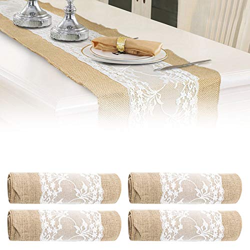 Dinae - Chemin de table en toile de jute avec dentelle - Pour mariage, événement, décoration de table - 30 x 275 cm (4 pièces) Cover