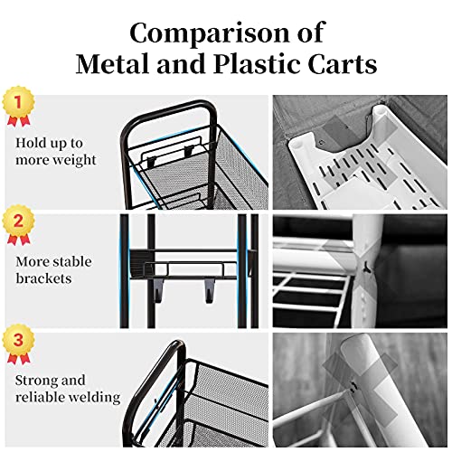 Greensen 3 Tier All-Metal Rolling Cart, Laundry Office Bathroom Storage Organizer Cart with Wheels, Easy-Carry and Assembly Mesh Trolley Cart with Practical Bucket and Hooks, Slide-Out Narrow Shelf