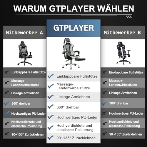 GTPLAYER Gaming Stuhl Bürostuhl Massage Gaming Sessel Ergonomischer Gamer Stuhl mit Fußstütze, Massage-Lendenkissen, Gepolstert Gaming Chair, Drehsessel, 150KG, weiß