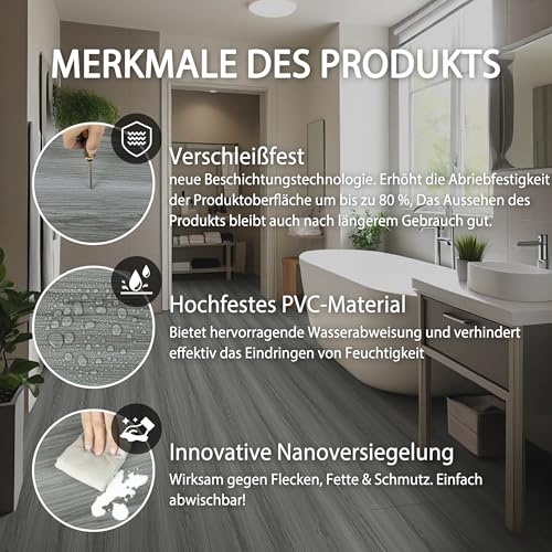 Vinylboden Selbstklebend PVC Bodenbelag Selbstklebend Fliesen Vinyl Holzoptik Bodenaufkleber Wasserdicht Verschleißfest für Küche Wohnzimmer Badezimmer Dunkelgraue Holzmaserung 30X1000cm/Rolle