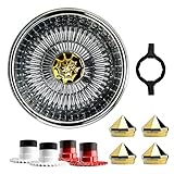 British Wire Wheel 14x7 Reverse 100 Spoke Straight Lace Wire Wheels with 10-Sided Bullet Gold Knock Off Spinner Caps + Adapters 5x4.5, 5x4.75, 5x5 | Deep Dish Lowrider Rims | Set of 4 + Bullet Wrench