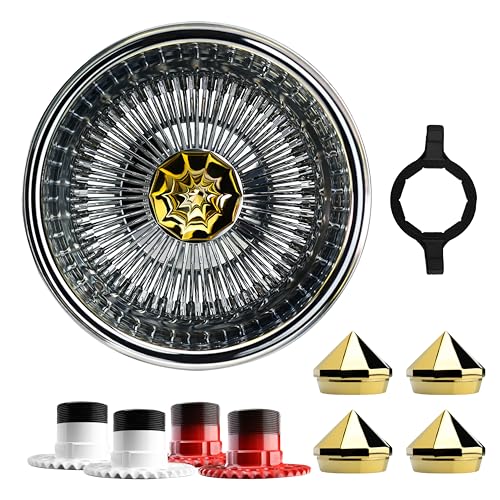 British Wire Wheel 14x7 Reverse 100 Spoke Straight Lace Wire Wheels with 10-Sided Bullet Gold Knock Off Spinner Caps + Adapters 5x4.5, 5x4.75, 5x5 | Deep Dish Lowrider Rims | Set of 4 + Bullet Wrench