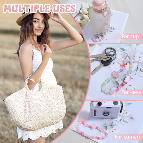 Juego de 4 dijes para teléfonos móviles, bonitos colgantes, cuentas rosas, cadena estética, cámara, llavero, joyería - imagen 4