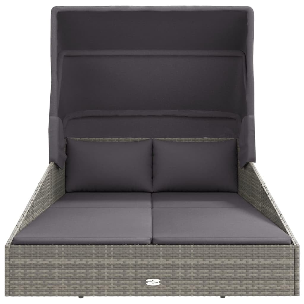Lettino da giardino con tetto pieghevole in polyrattan, resistente alle intemperie e pieghevole, 200 x 114 x 128 cm, per terrazza, balcone, piscina, con imbottitura e protezione solare