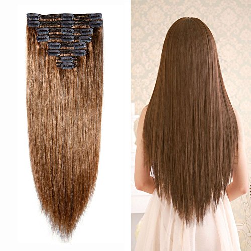 10''-22'' Clip in 100% Remy Human Hair Extensions Double Weft Grade 7A Quality Full Head Thick Long Straight 8pcs 18clips for Women Fashion (20" / 20 inch 150g , #6 Light Brown)
