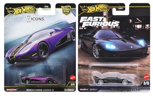 Hot Wheels Fast & Furious Timeless Icons Premium Diecast Cars, Koenigsegg CCXR and Agera R, Purple and Black, Metal, 2-Pack Collection