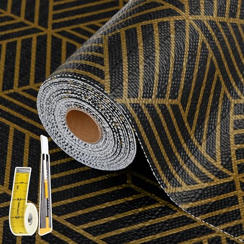 Shelf Liners for Kitchen Cabinets 17in x 30FT, Non Adhesive Cabinet Liner Strong Non-Slip Black Gold Geometric Drawer Liner, Easy to Clean for Shelf, Cabinet with Knife and Tape Measure