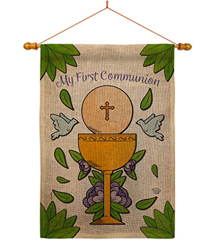 Ornament Collection My Holy Communion Burlap House Flag Dowel Set Religious Faith Hope Grace Peace Dove Christian Religion Easter Decoration Banner Small Garden Yard Gift Double-Sided, Made in USA