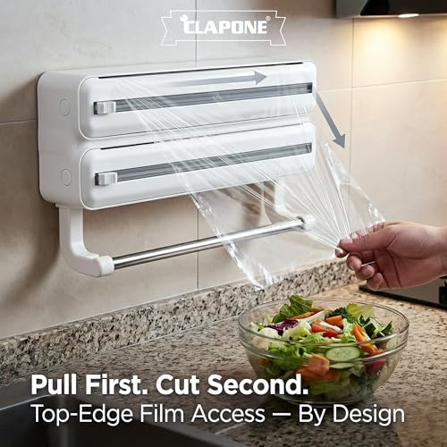 Image of CLAPONE Wrap Organizer with Cutter Plastic Wrap Dispenser 3 in 1 Compatible with Cling Film Paper Towel Holder /Tin Foil and Roti Paper Cutter /Aluminum Foil /Butter /Roti Wrap /Food Roll-White