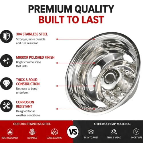 Image of 4pc 16 inch Wheel Simulators, Heavy Duty Bolt On 8 Lug Hubcaps, 8 Hand Hole Polished Stainless Steel Dually Rim Covers for Ford F350 1974-1998;E350 /E450 1992-2021;Dodge Ram 3500 1974-1999