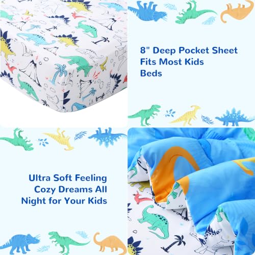 Image of Viviland Toddler Comforter Sets, 4 Pieces Bedding Sets, Dinosaur Pattern | Microfiber Blue Dino Bed Set, Boys, Breathable & Soft, Comforter, Bed Sheet, Fitted Sheet and Pillowcase, Machine Washable