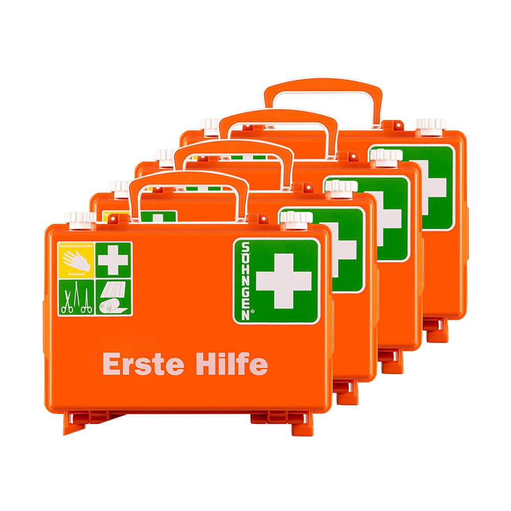 SÖHNGEN BIGPACK 4 x Erste-Hilfe-Koffer QUICK + Wandhalterung, orange, DIN 13157 aus Kunststoff, Art.-Nr. 301125 | Verbandskasten | Notfallkoffer | Erste Hilfe Kasten