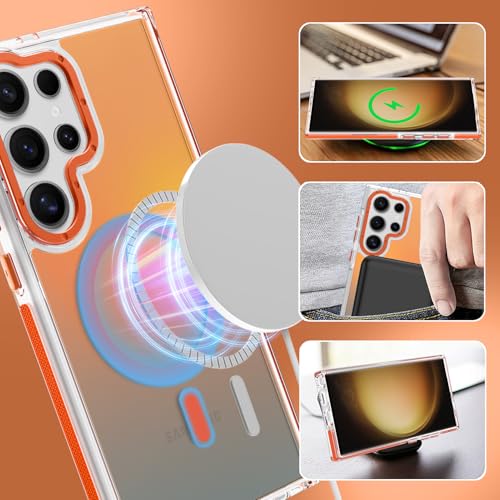 Image of Magnetic Case for Samsung Galaxy S23 Ultra [Compatible with Magsafe] [Cute Fashion Fluorescent Design] [1 Screen Protector] Slim Translucent Matte Case for Galaxy S23 Ultra 6.8 inch, Orange