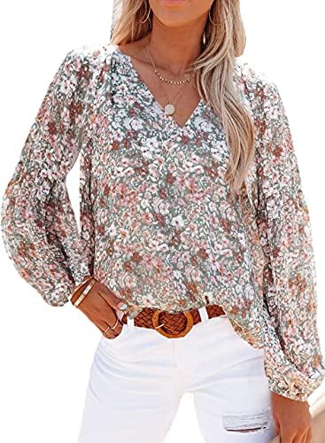 SHEWIN Womens Fashion Floral Print V Neck Spring Boho Tops Loose Fit Dressy Casual Long Sleeve Bohemian Blouses Shirts for Women 2023,US 12-14(L),Multicolor