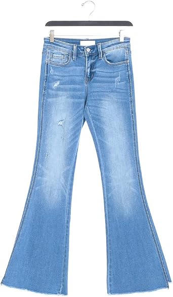 Mid-Rise Uneven Flare Hem Stretch Jeans 