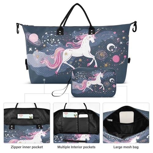 Weekender Bags Travel Duffel Gym Bag Unicorn Stars Planets Carry on Overnight Tote Bag with Toiletry Bag for Airplane Travel Trip Gym Yoga2