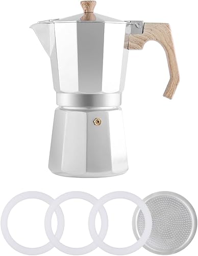 wedrink Cafetera de café expreso de aluminio para estufa, olla de moka de 9 tazas, cafetera cubana con 1 filtro y 3 sellos de junta de silicona de