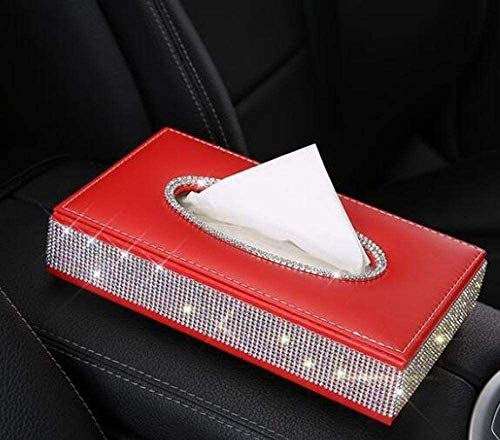 HKAFD Crystal Rhinestones Caja de Tejido de Coche Cuero de PU con Estuche de Toalla de Diamante Cajas de Almacenamiento Anti resbalón Mats Padding-Red Dispenser