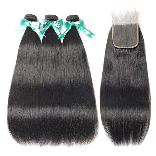 Beauhair Brazilian Virgin Hair Straight Hair 3 Bundles With Closure(12 14 16+12 Closure) Free Part Natural Color 100% Unprocessed Straight Human Hair Weave Weft with Lace Closure Natural Black
