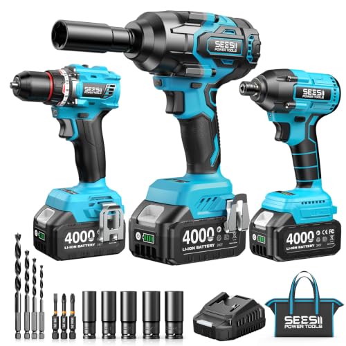 Image of Seesii Impact Wrench Drill Driver,Power Tool Combo Kit For Car Home DIY | 1000N.m Impact Gun,1 /4 inch 180N.m Impact Driver and 3 /8 inch 50N.m Cordless Drill,2 * 4.0Ah Bartteris,Brushless,Fast Charger