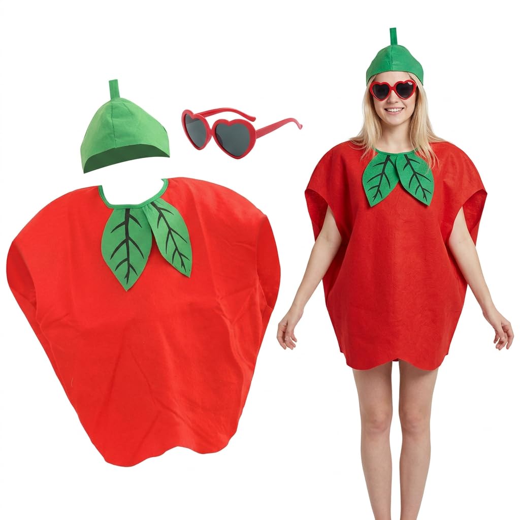2 PCS Apple Costume Set with Glasses and Hat, Fancy Dress Fruit Outfit