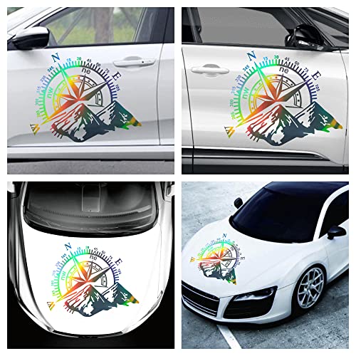 Aumohall Compass With Mountain Graphic Car Hood Sticker Waterproof Car Body Racing Decal Car Exterior Decoration 23.62'' X 19.68'', Holographic Laser #TOP5