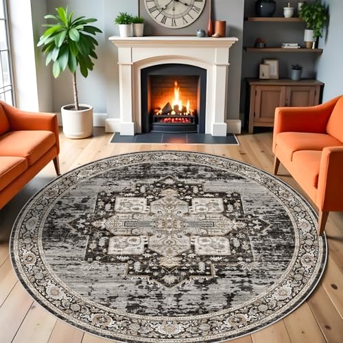 RUUGME Hallway 6ft Round Rugs - Boho Rugs for Living Room Stain Resistant Carpet Vintage Tribal Rugs for Bedroom Kitchen Dining Room with Non Slip Backing Home Decor Floor Decoration Mat 6ft Black