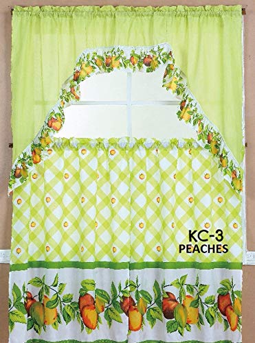 Diamond Home Linens 3PC Printed Kitchen Curtain Tiers and Swag Valance 36" Long Set (Green/Peaches)