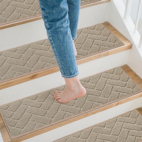 Non-Slip Stair Treads for Wooden Steps Indoor, 15 Pack 9" X 28" Edging Stair Carpet Mat with TPE Backing, 0.4" Thick Stair Runners for Kids Elders & Pets, 100% Polyester Stair Rugs, Beige&Wh