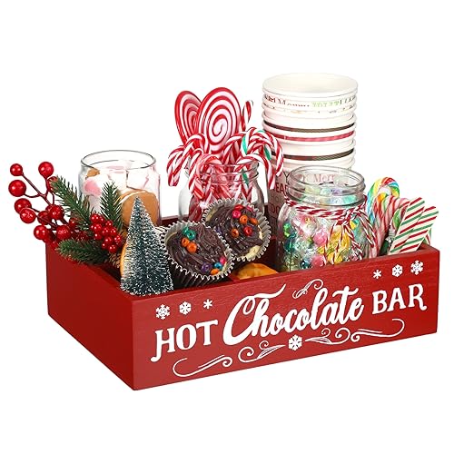 Geetery Christmas Hot Cocoa Bar Wood Station Organizer Countertop with 4 Compartment Cocoa Decorative Storage Bins Vintage Open Holder Box for Xmas Holiday Gift Party Home Supplies(Red)
