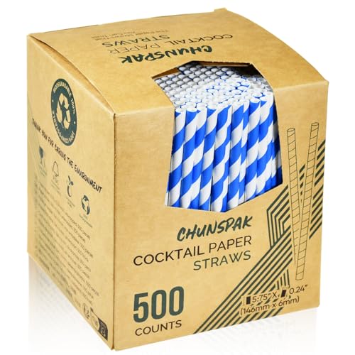 Chunspak 5.75 inch Blue/White Striped Paper Straws & Stirrer Sticks 500 Counts, for Cocktail, Coffee, Bars and Restaurants, Disposable