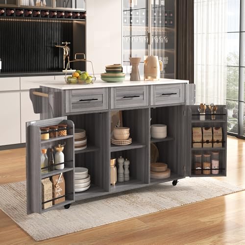 LAKFEW Isla Cocina con 5 Ruedas y Mesa Plegable, Aparador Cocina con 2 Puertas y 3 Cajones, Mueble Auxiliar de Cocina Isla de Cocina con Estantes Ajustables y Toallero, 139x46(71) x91.5 cm, Gris