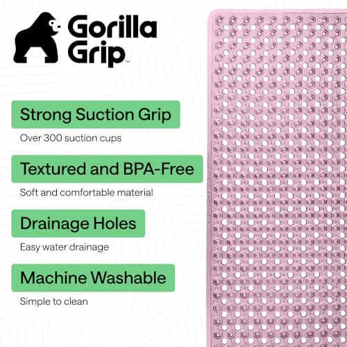 Image of GORILLA GRIP Patented Bath Tub Shower Mat, Machine Washable Bathtub Floor Liner Mats, Suction Cups and Drain Holes to Keep Tubs Clean, Soft on Feet, Bathroom Essentials, 35x16 Inch, Clear Purple