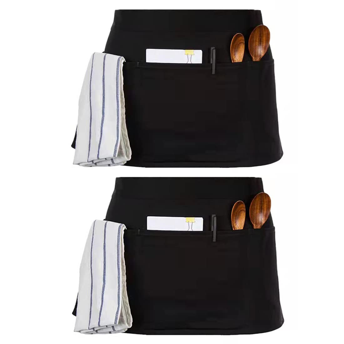 Server Aprons with 3 Pockets, Black Server Waist Aprons, Waitress Half Apron,Waterdrop Resistant Waitress Apron