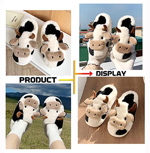 Cow Slippers For Women,Cartoon Cow Print Slippers Kids,Girls Cotton Animal Slippers House Slippers Cute Fluffy Cow Slides Fuzzy Slippers Mens Boys Non-Slip For Winter Outdoor Warm Cozy Cover Heels 4445 #TOP5