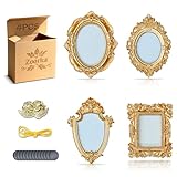 Zoorka 4 Pcs Magnetic Picture Frames for Refrigerator, Vintage Mini Gold Frames with Hooks and Rope for Hanging - A Baroque Victorian Decor Set with Small Angel - Elegant Miniature Art for Fridge, Gallery Wall, Shelf Display